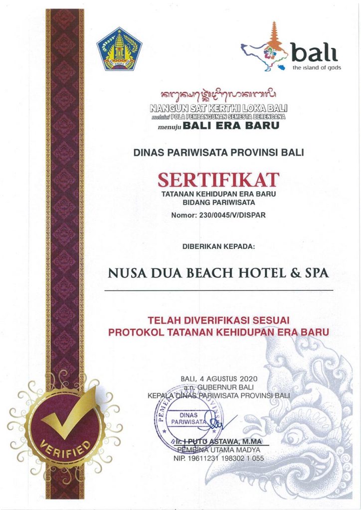 Nusa Dua Beach Hotel & Spa has received The New Era of Living (New Normal) – Health & Safety Certification  from the Bali Government